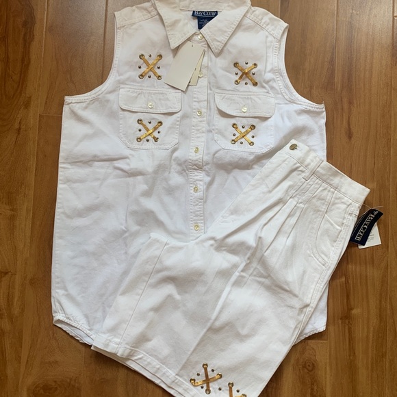 Vintage Nautical ‘Bay Club’ White Denim HighWaist Shorts & Sleeveless Blouse Set - Picture 10 of 16